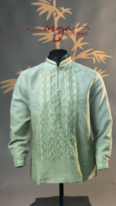 Mens Modern Barong Tagalog in Premium Jusilyn Fabric with Lining and Embroidery Chinese Collar Long Sleeve Sage Green LUKE by INGA DESIGNS