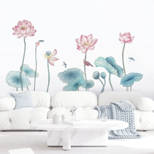 Decal giấy dán tường đầm hoa sen 3D tinh tế có keo sẵn-Trang trí phòng khách phòng trà spa