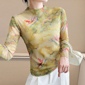 เสื้อเชิ๊ตพิมพ์ลายตาข่ายคอสูง-หรูหราแขนฤดูใบไม้ร่วงฤดูหนาวยาวเสื้อเข้ารูปพอดี