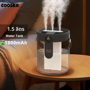 เครื่องเพิ่มความชื้นในอากาศขนาด 1.5 ลิตร เครื่องเพิ่มความชื้นในอากาศความจุขนาดใหญ่ เครื่องทำหมอกเงียบ แบตเตอรี่ 1800mAh เครื่องเพิ่มความชื้นแบบชาร์จไฟ USB พร้อมไฟ LED