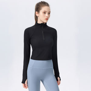 เสื้อยืดโยคะแขนยาวผู้หญิง ทรงสลิมฟิต วิ่ง ออกกำลังกาย คอตั้ง ซิปครึ่งตัว เสื้อผ้ากีฬา ผ้าไนลอน ดูดซับเหงื่อ แห้งเร็ว ยืดหยุ่นสูง ฤดูใบไม้ร่วง