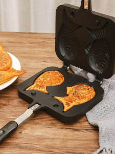 กระทะย่างเค้กปลาสองชั้นเคลือบสารกันติด ทำจากอลูมิเนียมอัลลอยด์ สำหรับตั้งแคมป์ ขายอาหารริมทาง ใช้ทำบาร์บีคิว ทำขนมเค้กไส้ถั่วแดง ทำอาหารเช้า