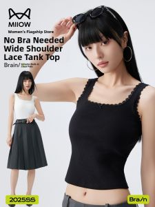 MiiOW | Pure Cotton Black U-neck Lace Trim Backless Camisole Womens Base Layer Top Inner Wear Outer Wear With Chest Pad Breathable Moisture Wicking Casual Summer Tank Top