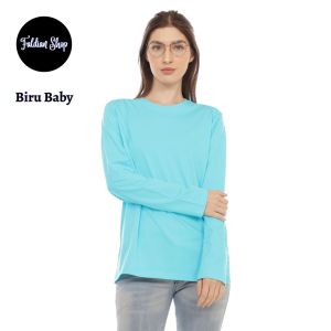 Kaos Polos Wanita Oneck Lengan Panjang Bahan Katun Combed 30s Warna Biru Baby