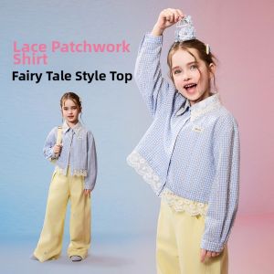 Ask Junior | Spring New Style Girls Lace Stitched Plaid Shirt