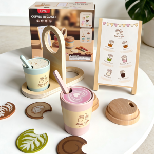 Wooden Realistic Espresso Making Toy Coffee Machine for Children Pretend Play
