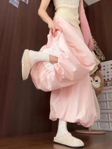 Pink Flower Bud High Waist Wide Leg Pants Womens Summer Thin Large Size Casual Long Pants Loose Drapey Style Commute Fashion