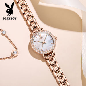 PLAYBOY® นาฬิกาสีโรสโกลด์เพชรสไตล์เพลย์บอยสุดหรูหน้าปัดมุกดีไซน์อมตะหรูหราสำหรับผู้หญิงนาฬิกาข้อมือหรูหราสไตล์เครื่องประดับที่สวยงาม