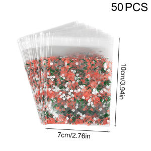 50pcs Transparent Candy Bags Pink Flower Plastic Biscuits Bags Baby Shower Birthday Party Baking Cookies Packaging Wedding Decor