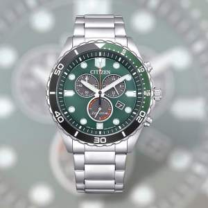 ĐỒNG HỒ NAM CHÍNH HÃNG Citizen AT2561-81X Eco-Drive Chronograph Green Dial Silver Stainless Steel For Men