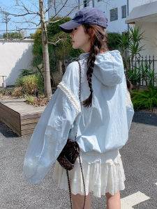 Light Blue Lace Trim Short Hooded Jacket Womens Summer New Korean Design Lightweight Sun Protection Clothes Casual Style