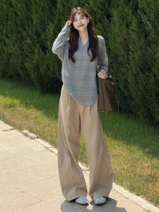 Gray Loose Summer Long Sleeve T-Shirt Womens Lightweight Breathable Sun Protection Shirt V-Neck Casual Fashion Summer Wear