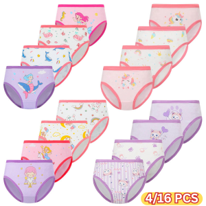 4/16 Pieces Cute Girls Panties Premium Cotton Soft Toddlers Briefs Cartoon Rainbow Unicorn Mermaid Print Baby Girls Underwear