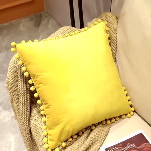 【SG】Soft Velvet Throw Pillow Cover Pompom Decorative Pillowcase Solid Soft Cushion Covers for Couch Sofa Bedroom
