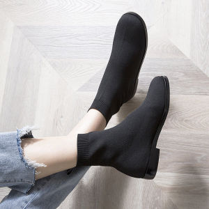 Elastic Slim Boots Real Leather Martin Flat Bottom Womens Shoes Spring New Style Casual Deep Mouth Single Shoes round Toe