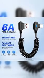 6A USB A to Type C Spring Fast Charging Cable 90 Degree Elbow Coiled Data Cord for Car Charger USB C Phone Tablet Black