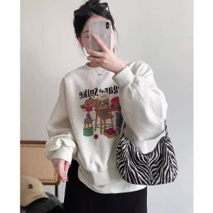 เสื้อสเวตเตอร์คอกลมแบบสั้นสีเทาลายดอกไม้ออกแบบพิเศษ INS เสื้อแขนยาวพิมพ์ลายการ์ตูนแนววินเทจแมทช์ลูกค้า สำหรับฤดูใบไม้ร่วงและฤดูหนาว