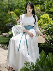 White Summer 2024 New Style Womens High Waist Cheongsam Long Skirt Cotton Linen Material round Neck Lantern Sleeve Midi Dress