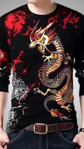 เสื้อเชิ้ตแขนยาวสําหรับผู้ชายเสื้อยืดพิมพ์ลายมังกรเสื้อโค้ทใส่ได้ทั้งชายและหญิงฤดูใบไม้ร่วง