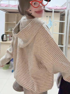 Korean Style Womens Hoodie Jacket Spring Autumn New Popular Zipper Stripe Open Cardigan Top Early Autumn Outfit Loose Fit