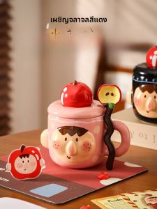 แก้วกาแฟเซรามิกทรงแอปเปิ้ลสุดน่ารักและตลกสำหรับวันเกิดของผู้หญิงในวันคริสต์มาส แก้วสองชั้นสำหรับคู่รัก พร้อมฝาปิด