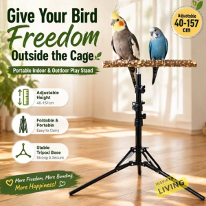 Adjustable Parrot Tripod Stand with Natural Wood Perch | Outdoor Indoor Use | 40-157cm Height | Portable Bird Stand for Cockatiel Budgie Conure