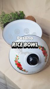 Sangku Tempat Nasi Putih Enamel Maspion Panda Vintage / Bakul  Jadul / Motif Kembang / Bunga / Seng / Blek / Kaleng / Ceting / Wakul / Tempat Nasi Super Enamel Dengan Tutup / Clasic / Rice Bowl Vintage 22 / 24 Cm