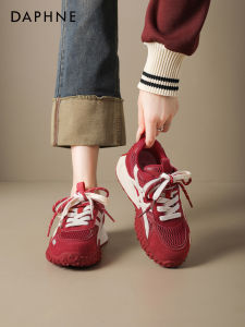 Daphne Red Dad Sneakers Womens 2025 New Autumn Thick Bottom Casual Sports Shoes Cross Strap Net Lined Rubber Outsole