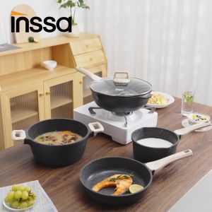 SimplusPink 7PCS Maifan Stone Non Stick Coating Cookware Sets 24cm Fry Pan/28cm Wok/24cm Soup Pot/18cm Saucepan with 3 Lids GUOJ030