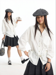 JNXS | Solid Color Pleated High-Waisted V-Neck Short-Sleeve Loose Thin Blouse Women
