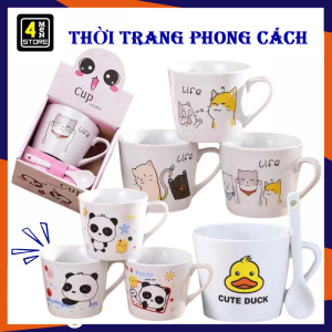 Bộ Ly Sứ Uống Nước Kèm Thìa Họa Tiết Dễ Thương - Cốc Cafe Trà Ly Tách Uống Cà Phê Có Hộp Làm Quà Tặng - Cốc Ăn Ngũ Cốc Sữa / Cốc Sứ In Hình Chịu Nhiệt - Cốc Uống Nước Họa Hình