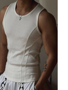 เสื้อกั๊กแขนกุดผ้าไหมน้ำแข็งสำหรับผู้ชาย ทรงเข้ารูป แขนกุด คอตั้ง สีสันสดใส ฤดูร้อน 2025 เสื้อตัวล่างพอดีตัว