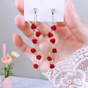 Elegant Rose Flower Long Tassel Earrings For Women Shiny Colorful Rhinestone Dangle Earring Wedding Party Engagement Jewelry