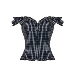 YUEZHONGWEI | เสื้อเชิ้ตแขนสั้นผู้หญิงสไตล์ฝรั่งเศส ทรงเข้ารูป ดีไซน์เก๋ไก๋ แขนสั้น คอวี ลายสก็อต ทรงเข้ารูป เสื้อเชิ้ตแขนสั้น