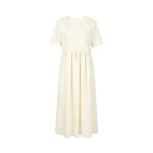 Elegant Accordion Pleat Ruffle Embedded Beads Womens Dress Summer New Arrival Lacey Fiber Short Sleeve Long Dress