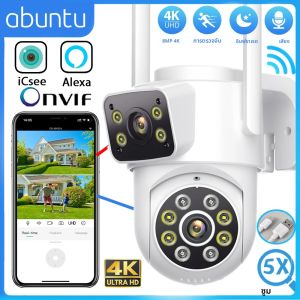 ABUNTU 8MP 4K WiFi กล้อง ICsee APP Dual เลนส์ Dual หน้าจอการเฝ้าระวังกล้อง 4MP HD Night Vision Home Security กล้อง