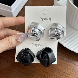 Stylish Korean Version Sweet Cool 3D Rose Flower Earrings Silver Color Fashionable Leather Flower Earring Clip