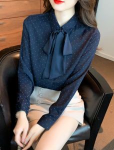 Polka dot bow long sleeved shirt for womens autumn and winter 2026new fashionable womens shirt