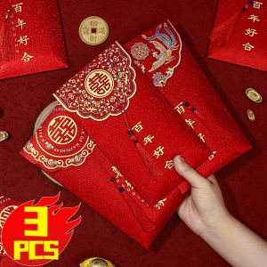 3Pcs Traditional Chinese Wedding Red Envelope With Tassel Spring Festival Marriage Red Packet Angpao Gift Bag New Year Blessing Money Bag