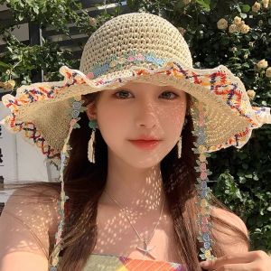 BILLI ZILLY | Summer Beach Vacation Sun Protection Large Brim Straw Hat Womens Casual Style Fisherman Hat Woven Ethnic Folklore Cap