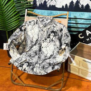 South Korea Fancy Summer Cool Ink Painting Retro Printed Shirt Mens Loose Thin Drape Long Sleeves Ice Silk Shirt Fashion