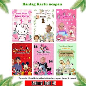Hangtag label ulang tahun isi 20 pcs + Desain foto ukuran 8*5 cm FREE tali Hangtag label ulang tahun/hangtag tasyakuran khitan /hangtag aqiqah/hangtag pernikahan/hangtag label produk/hangtag custom
