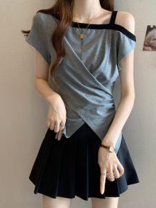 Off-shoulder Asymmetrical Hem Short Sleeve Blouse