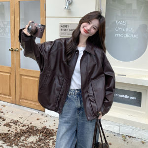 Café Brown American Retro Stylish Leather Jacket Womens 2025 Autumn New Motorcycle Style Workwear Leather Jacket