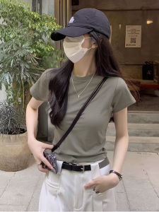 Khaki Color Womens T-shirt Short Sleeve Pure Cotton Half Sleeve Summer Base Shirt Inner Wear Commute Style round Neck Top