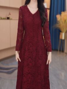 Elegant V-Neck Embroidered Midi Dress Womens Spring New Lightweight Luxury Sensation Age-Defying Mid-Length Skirt