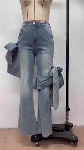 ＜1026＞TZ9026 Autumn and Winter New Washed Distressed Stitching Bow Straight Barrel Pants Design High Waist Slimming Jeans Women