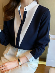 Chic White Color-Block Sleeveless Cotton Shirt for Women Spring Autumn Korean-Style Versatile Stand-Collar Casual Blouse