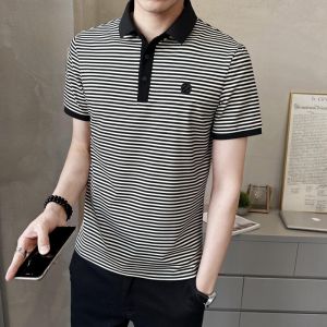 ROMON | เสื้อยืดคอโปโลแขนสั้นผ้าฝ้ายแท้สำหรับผู้ชาย ทรงบาง ลายทาง ปกเสื้อ ลำลอง สำหรับใส่ไปทำงานในช่วงฤดูร้อน ผ้าฝ้ายผสมโพลีเอสเตอร์
