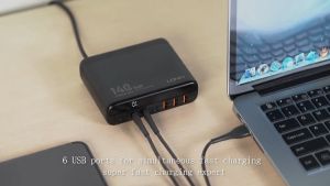 【SKIT】LDNIO A6140C GaN 140W Travel Wall Charger with 3 Detachable Wall Plugs Super PD QC3.0 Fast Charging Appliance USB Type C 6 Port Mobile Phone Tablet With Voltage Digital LED Display Adapter GaN Charger For Laptop Mobile Phone Tablet